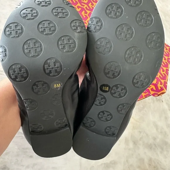 NIB TORY BURCH ABBEY 2 CAP TOE BALLET FLAT SHOES BLACK/ANTHRACITE LEATHER 8 - Picture 6 of 9